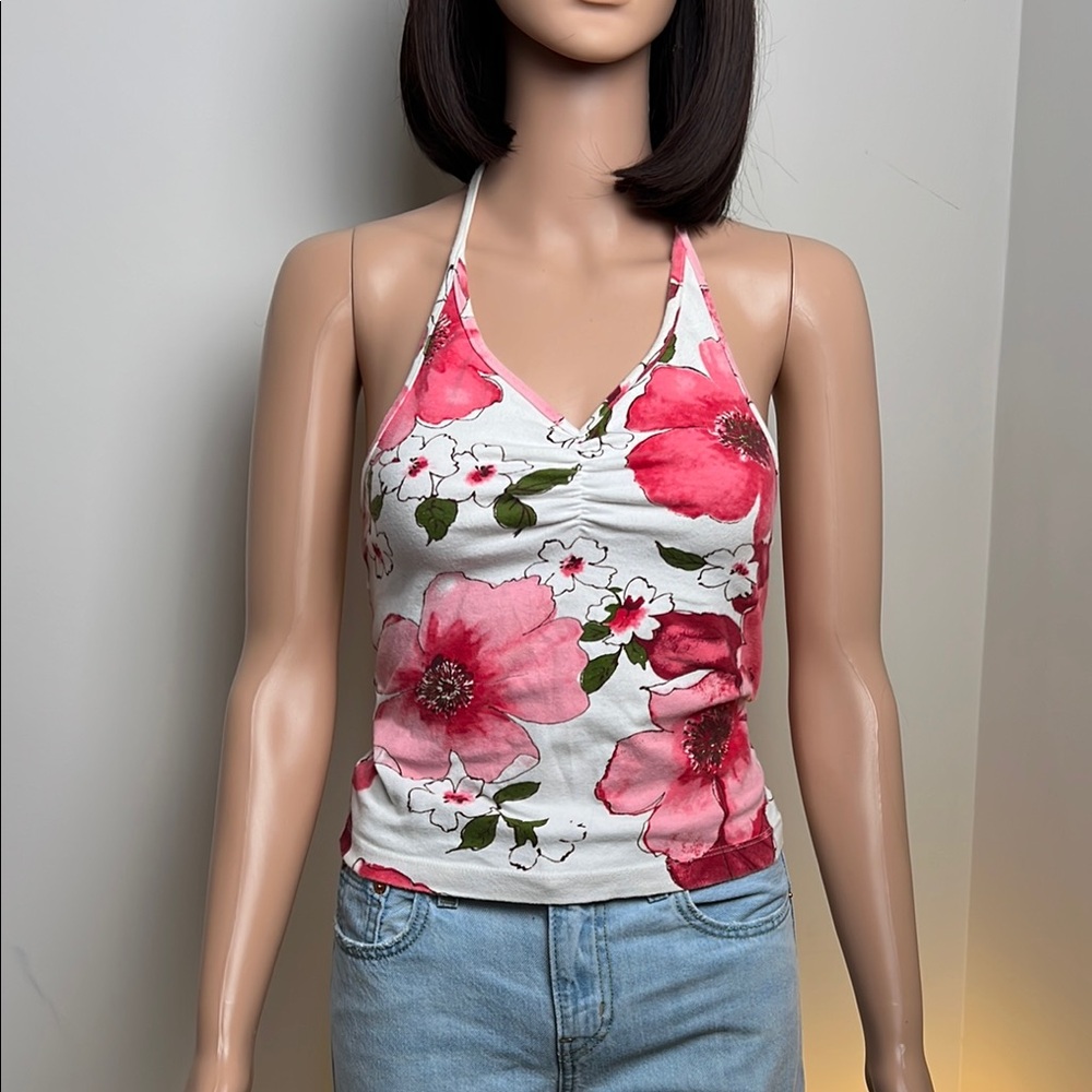 Pink and White Ruched Sleeveless Tank Top